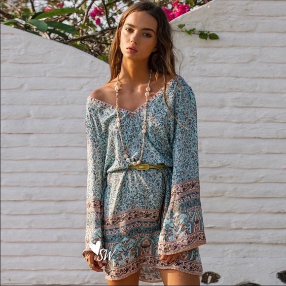 Boho Floral Gypsy Print V Neck Tunic Dress Blue - Picture 2 of 5